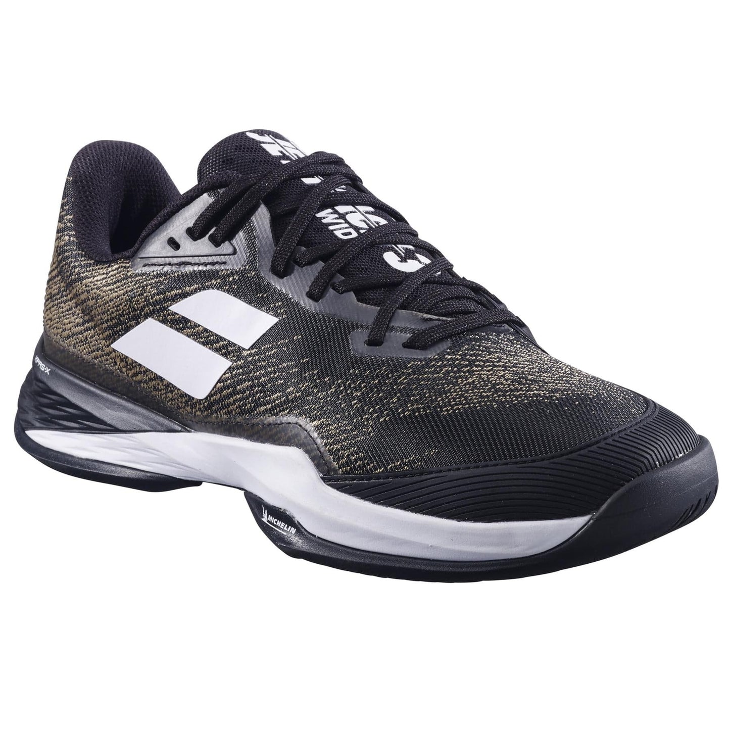 The Babolat Jet Mach 3 All Court Men's Tennis Shoes in black and white feature a side and tongue logo, textured design, and black laces. They incorporate advanced Matryx® technology with a durable Michelin sole, making them ideal for sports activities.