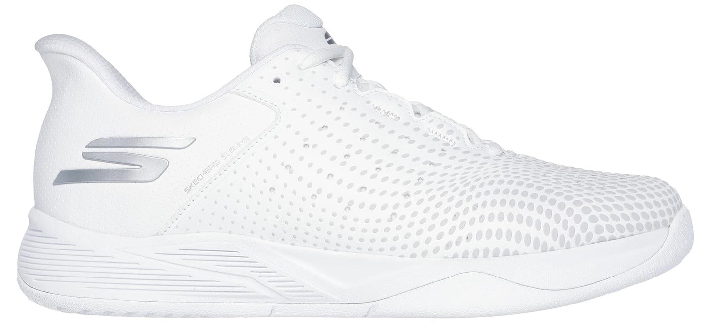 The Skechers Viper Court Reload Slip Ins Relaxed Fit Tennis Shoes in white feature a subtle dotted pattern, silver accents, the Skechers logo, and Arch Fit support. Displayed from a side profile on a plain white background.
