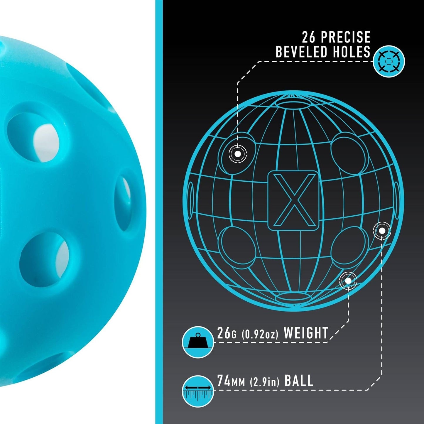 Close-up of a blue Franklin Indoor X-26 Pickleball Ball (3 Ball) on the left; right side shows a diagram detailing its 26 beveled holes, 26g weight, 74mm diameter, and USA Pickleball approved design against a black background.