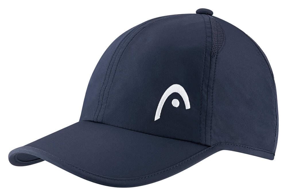 Introducing the HEAD Pro Player Tennis Cap in navy, a stylish cap by HEAD featuring a curved brim and adorned with a white abstract logo that includes a small circle. This lightweight cap is designed with stitching details, offers excellent sweat absorption, and is equipped with ventilation holes on the sides for added comfort.