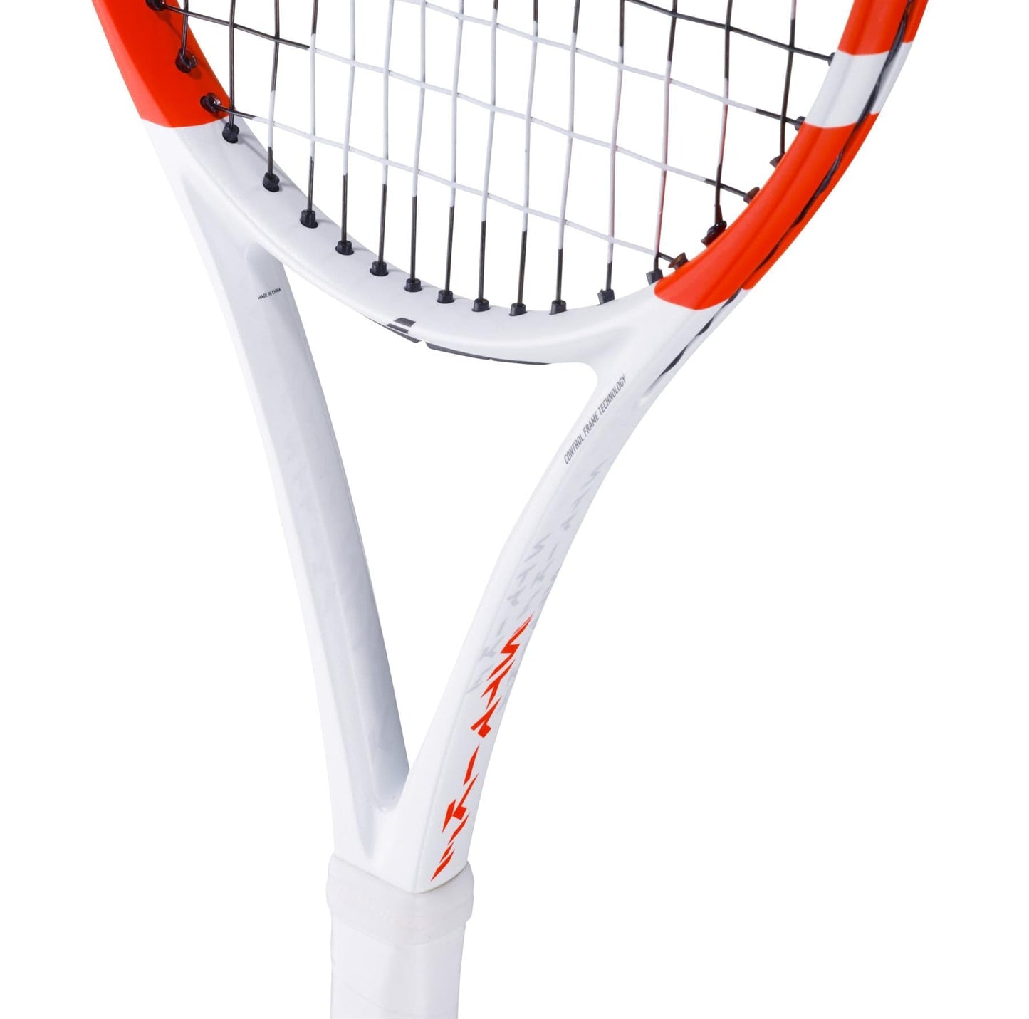 Close-up of a Babolat Pure Strike Junior 26 Gen4 Tennis Racket with a sleek white, red, and black frame. The strings are prominently displayed, highlighting the racket's precision design, while the handle is partially shown at the bottom of the image—ideal for junior tennis enthusiasts.