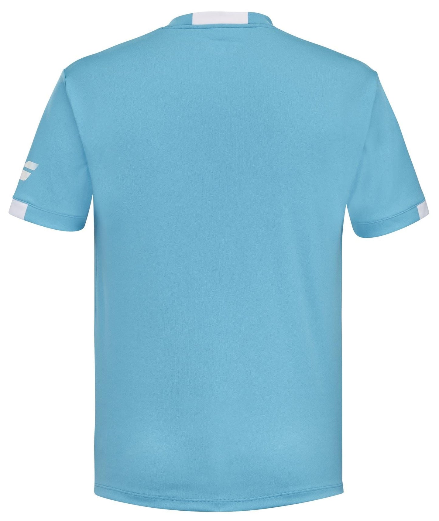 Introducing the Babolat Play Men's Crew Neck Tennis T-Shirt in Cyan Blue, featuring short sleeves with crisp white accents. Crafted with Babolat Play technology and Fiber Dry material, this jersey combines comfort with performance. The back showcases a sleek, logo-free design for a timeless look.