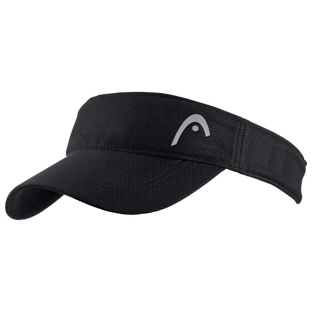 The HEAD Performance Tennis Visor - Black, by HEAD, has a curved brim and adjustable Velcro strap. It sports a small gray logo on the front and is crafted from quick-drying polyester with a textured finish.