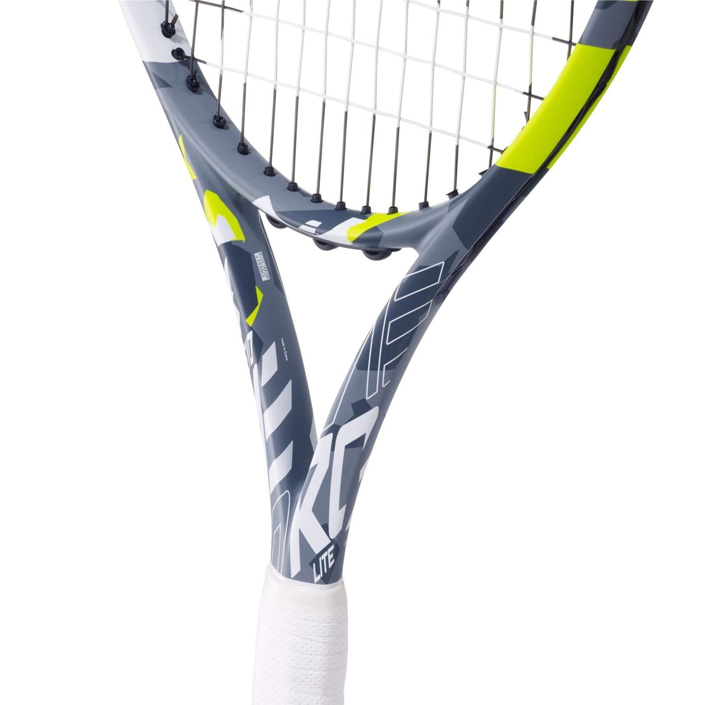 Close-up of the sleek Babolat EVO Aero Lite Tennis Racket in a striking grey and yellow color scheme. The handle boasts white grip tape, while the strings are expertly tensioned within the frame. Set against a plain white background, this Babolat racquet is crafted for exceptional spin and control.