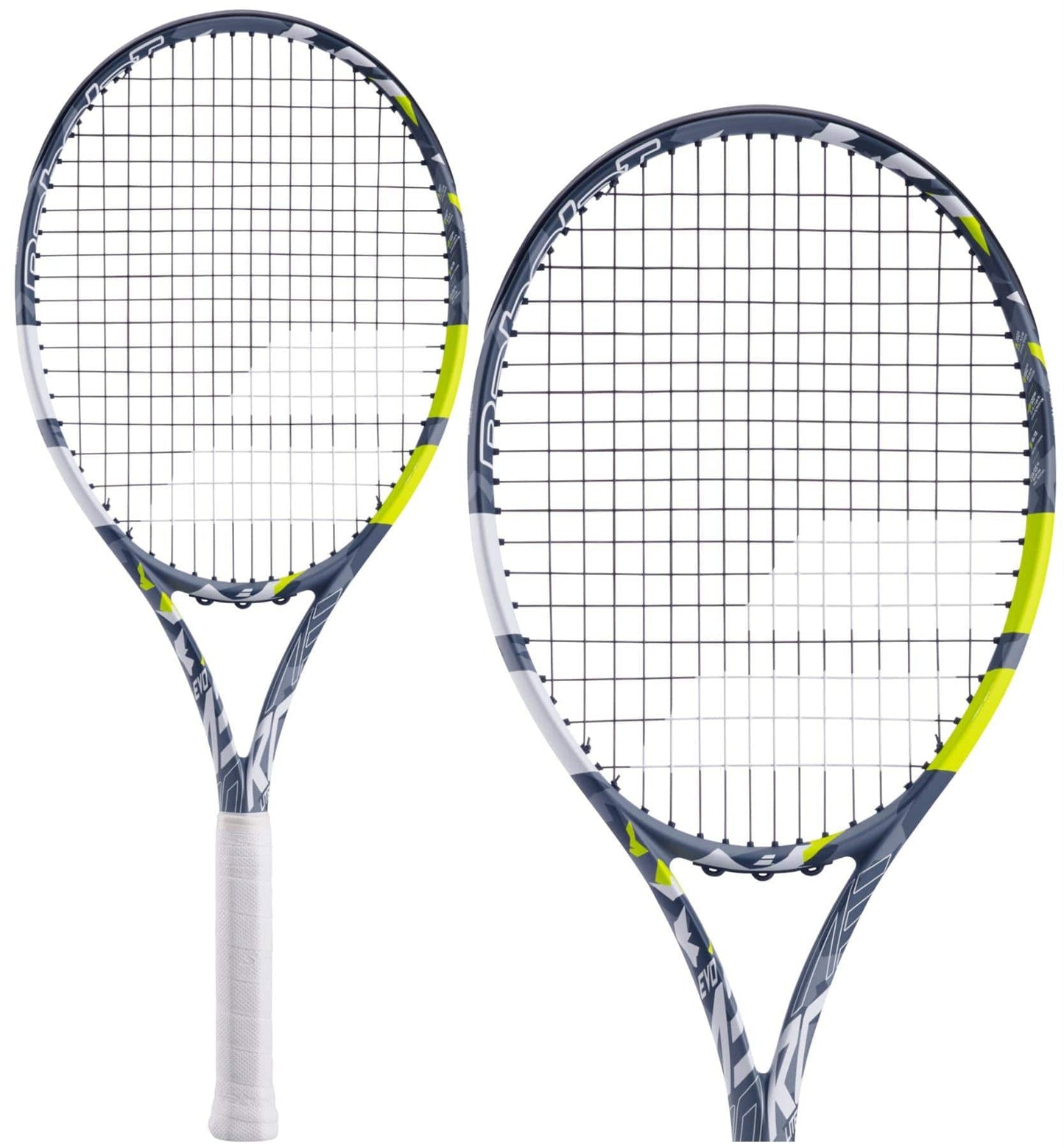 The Babolat EVO Aero Lite Tennis Racket - Grey / Yellow boasts white grips and a stylish design highlighted by gray and neon yellow accents on the frames. Expertly strung for maximum spin, these rackets are positioned upright, ready to enhance your performance.