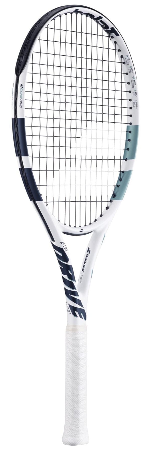 The Babolat EVO Drive Lite Gen 2 Tennis Racket in white features a modern design with black accents, a white grip and strings, and the brand name on its frame. Its sleek, aerodynamic build and Air Handle Touch make it ideal for professional use.
