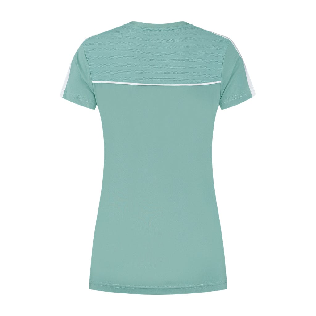 Back view of the K-Swiss Tac Hypercourt Round Neck Tennis Top 2 in Nile Blue, showcasing white accents on the shoulders and a horizontal stripe across the upper back. The fabric looks lightweight and breathable, ideal for an intense match on the Tac Hypercourt.