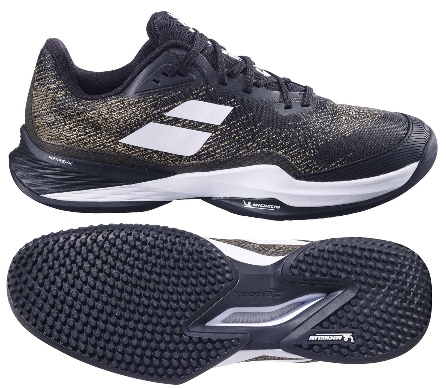 The Babolat Jet Mach 3 Sand Grass Men's Wide Tennis Shoes in Black/White showcase their textured sole and intricate tread from a side angle and sole view, enhanced with Matryx® technology for superior performance.