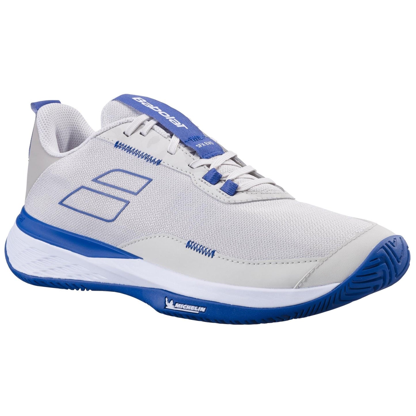 Introducing the Babolat SFX Evo 2024 All Court Men's Tennis Shoes in Oatmeal: These tennis shoes are designed for ultimate comfort, featuring a thick white sole with textured blue tread. Their sleek design includes flexible blue accents, lace hooks for secure fitting, branding on the tongue and heel, and a breathable mesh upper to enhance performance on the court.