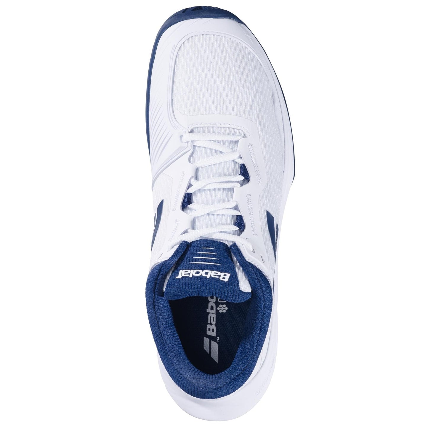 Top view of the Babolat SFX 4 All Court 2025 Mens Tennis Shoes in white and estate blue, featuring the "Babolat" logo on the tongue and side. Boasts a mesh upper for breathability, padded collar for comfort, and durable Michelin Original rubber sole for improved grip.