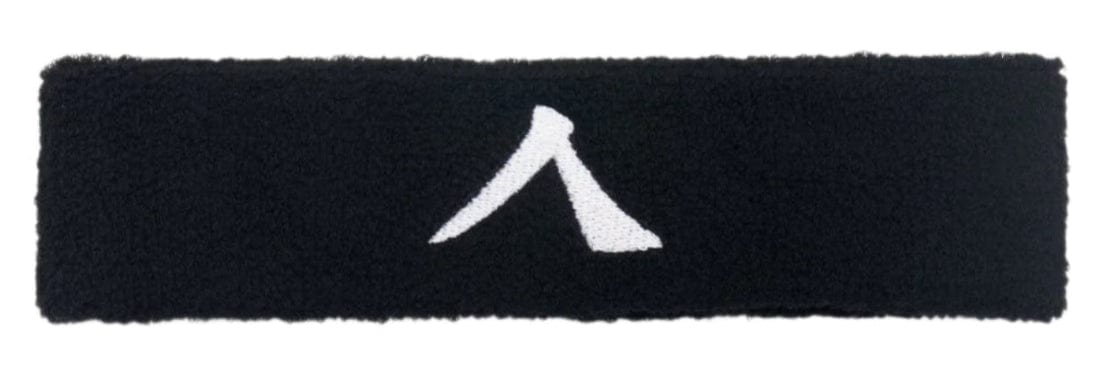 The Kanso 4cm Headband - Black by Kanso is designed with absorbent fabric and features a black fleece design, a white abstract logo in the center, and a plain gray background, offering maximum comfort and style.