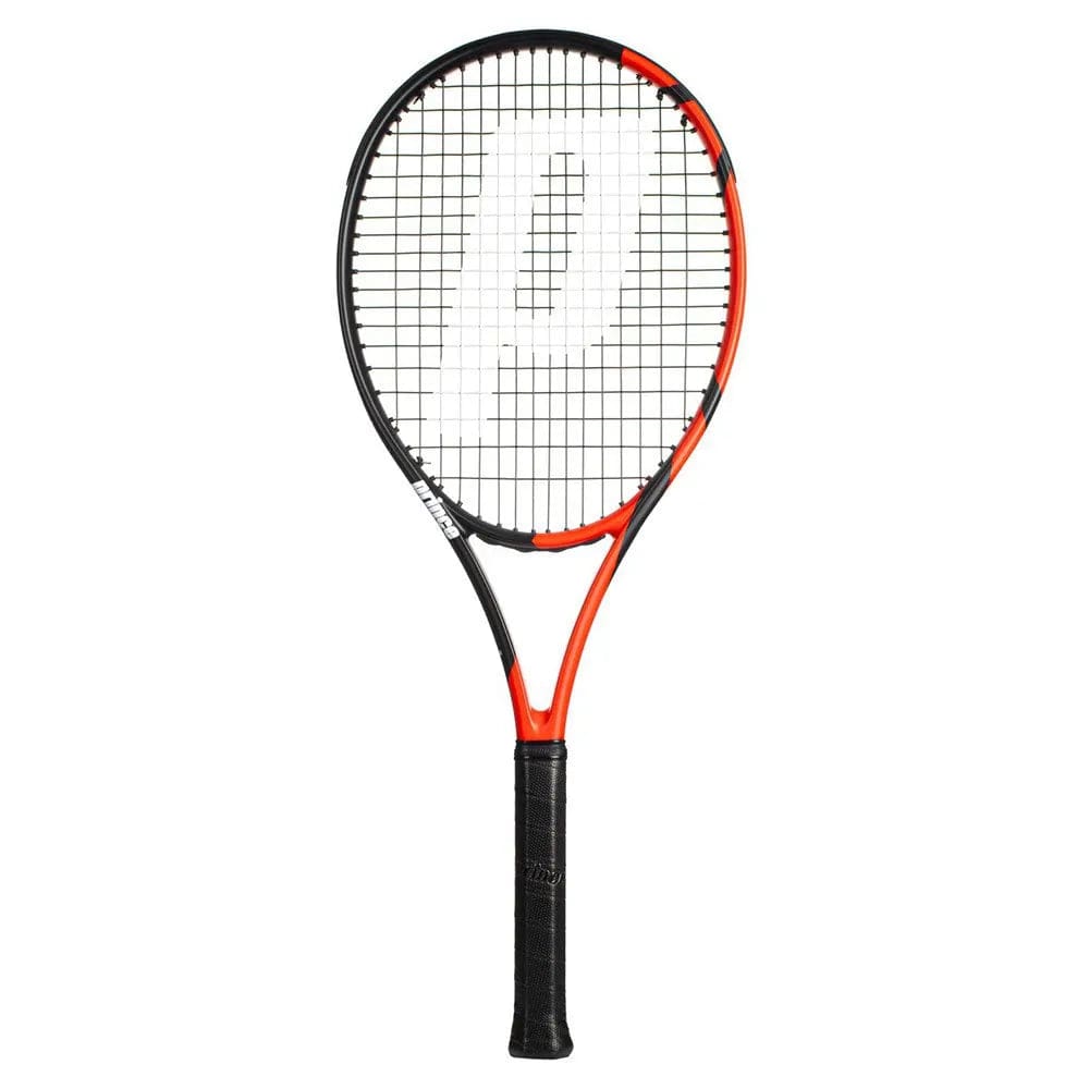 The Prince Beast Power 300g tennis racket features a red and black frame with a large white "P" on the strings, delivering exceptional power and control. Its handle is wrapped in black grip tape for a secure grip.