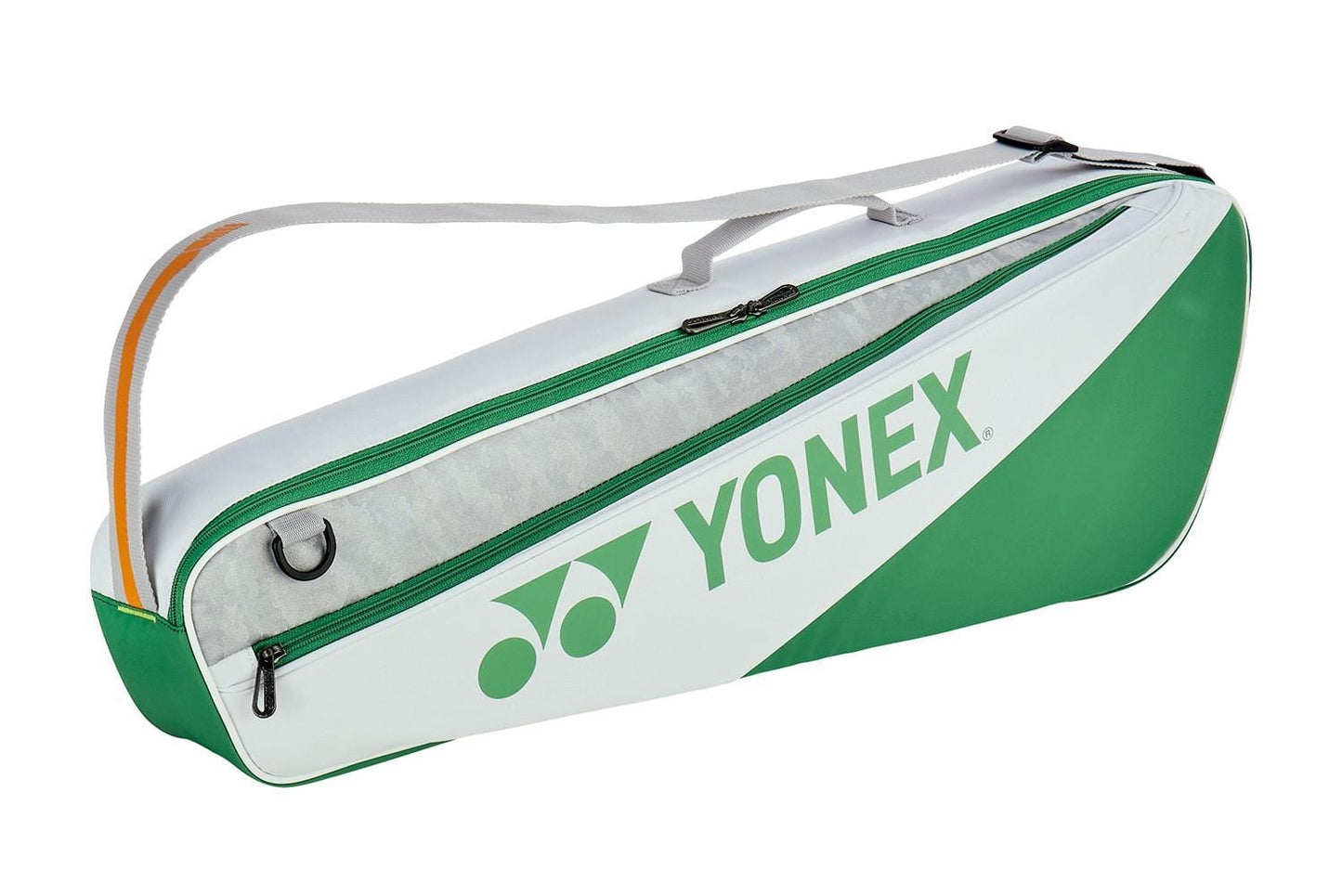 The Yonex 52523EX Club 3 Racket Tennis Bag, designed in white, features the iconic Yonex logo and includes a zippered compartment and convenient carrying strap for securely holding your rackets.