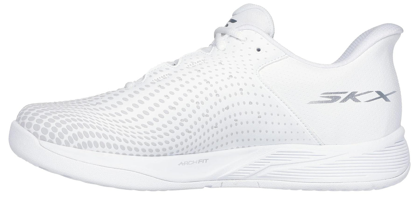 The Skechers Viper Court Reload Slip Ins Relaxed Fit Tennis Shoes in white feature a dotted pattern, lace-free design, "SKX" heel detail, Arch Fit midsole for support and style, and Goodyear Rubber for superior traction.