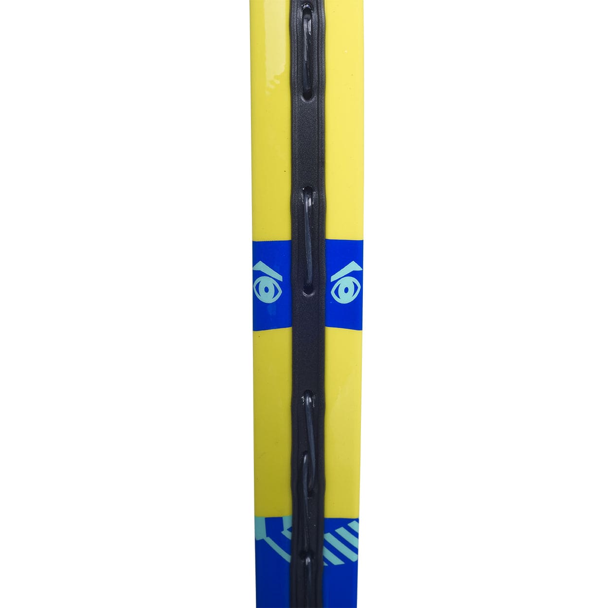 A close-up of a vividly colored ski featuring a yellow and blue design, highlighted by two stylized eyes facing outward. The prominent black edge, similar to the visual guides seen in teaching grips or on sports equipment like Babolat's BallFighter 25 Junior Tennis Racket in Blue/Yellow, runs vertically through the center.