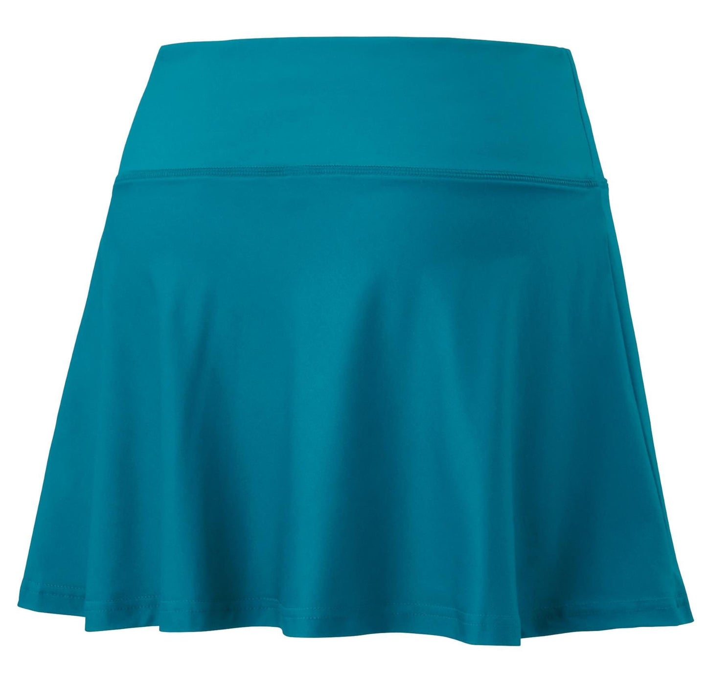 A blue green skater skirt with a high waistband, similar to the Yonex 26120EX Women's Tennis Skort, is showcased against a plain white backdrop. The skirt's flared design provides a flowy look, and its VeryCool technology guarantees UV reduction for enhanced comfort and protection.