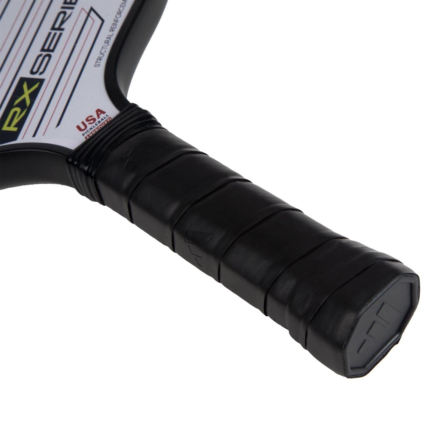 Close-up of the black, textured handle of the adidas ADIDAS RX CTRL 3.3 Pickleball Paddle in white, showing detailed grip wrapping and part of the paddle face with Spin Blade Grit, labeled "RX Series" and made in the USA.