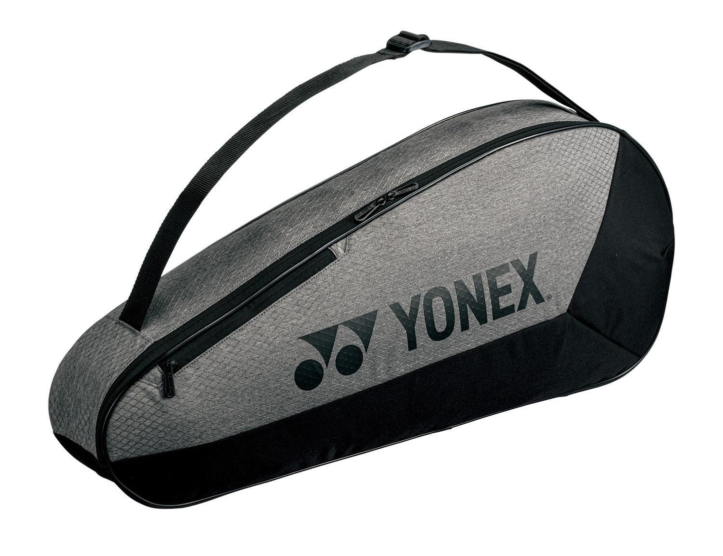 The Yonex 42523EX Team 3 Racket Tennis Bag in grey/black is lightweight and compact, featuring smooth YKK zippers and a prominent Yonex logo. Designed for convenience, it includes a shoulder strap for easy carrying.
