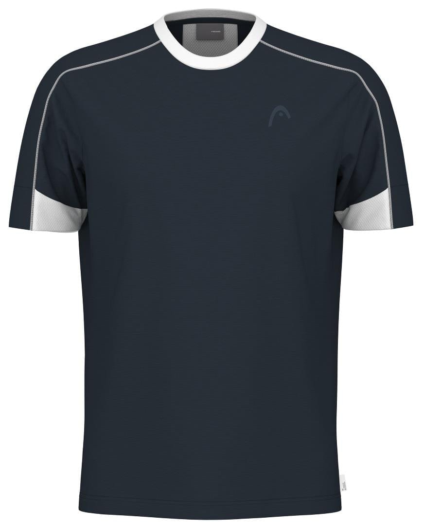 The HEAD Play Tech Men's Tennis T-Shirt in navy features breathable mesh inserts for comfort, subtle piping on the shoulders, and a small logo on the front, with white accents on the sleeves and collar.