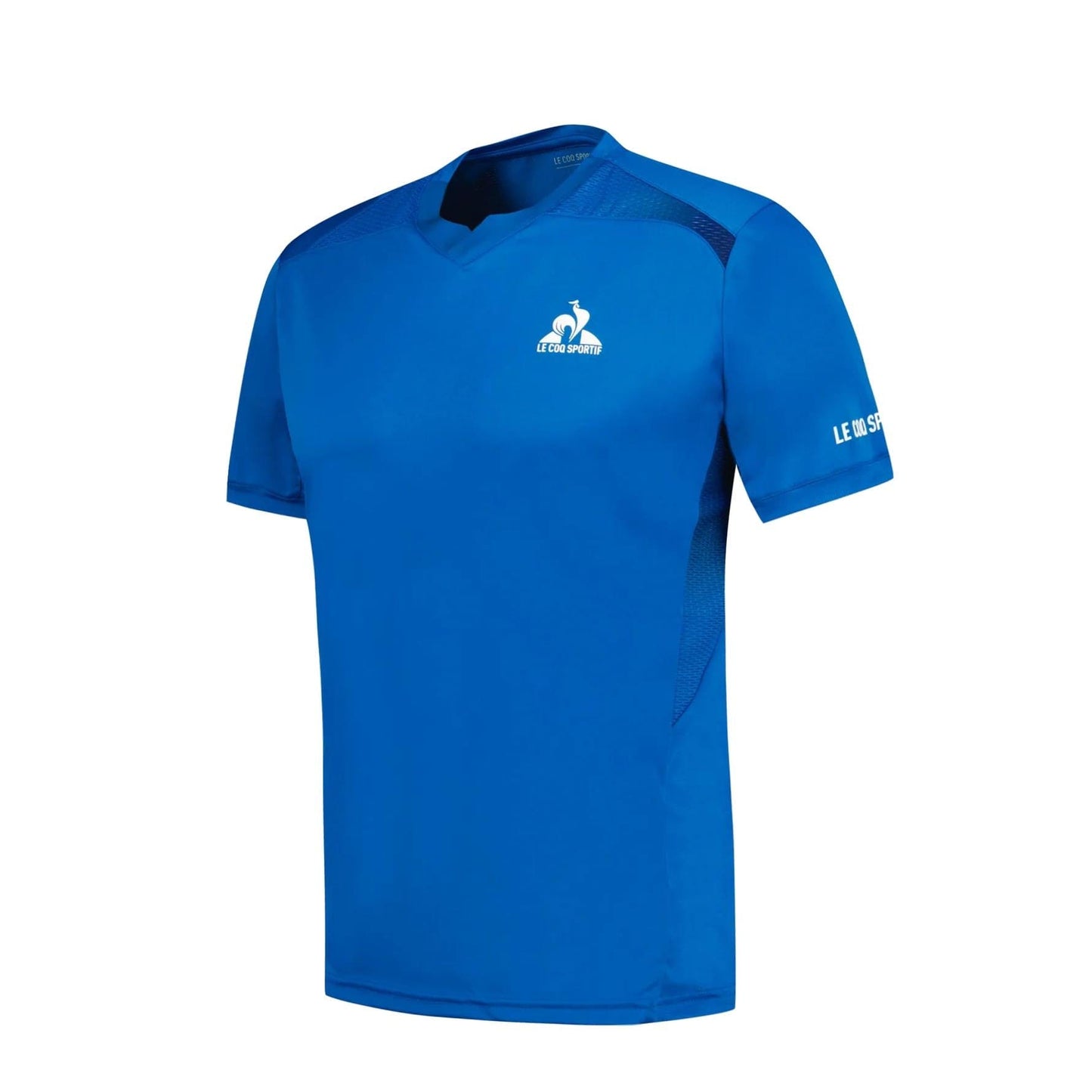 The Le Coq Sportif Pro Men's Tennis T-Shirt in Lapis Blue showcases short sleeves and a subtle logo featuring a stylized rooster emblem on the chest. Engineered for maximum breathability, it incorporates mesh panels and provides a lightweight, standard fit ideal for active days on the court.