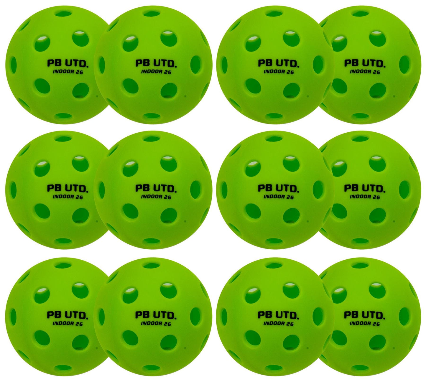 Twelve Pickleball United Freedom 26 Indoor Pickleball Balls in green, made of durable TPU with evenly spaced holes and “PB UTD. INDOOR 26” in black, are neatly arranged in a grid pattern.