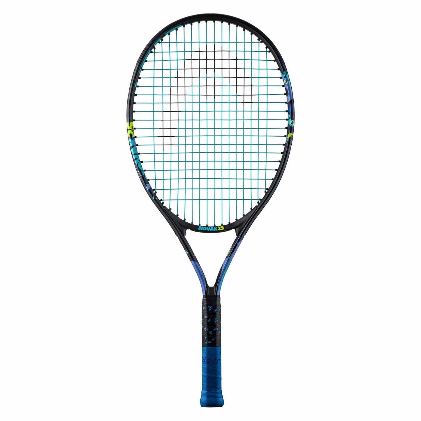 The HEAD Novak 25 Junior Tennis Racket showcases a black frame accented with blue and features the branded logo on the strings. With an added Damp+ insert, the grip is wrapped in blue tape. The racket is shown upright against a white background, reflecting Novak Djokovic's signature style.
