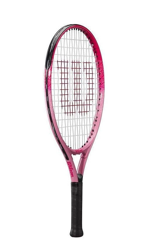 The Wilson Burn Pink 21 Junior Tennis Racket by Wilson is a lightweight racket crafted for young players. It showcases a vibrant pink and black design, complete with a prominent "W" logo on the strings, and its handle is wrapped in black grip tape to provide balanced control.