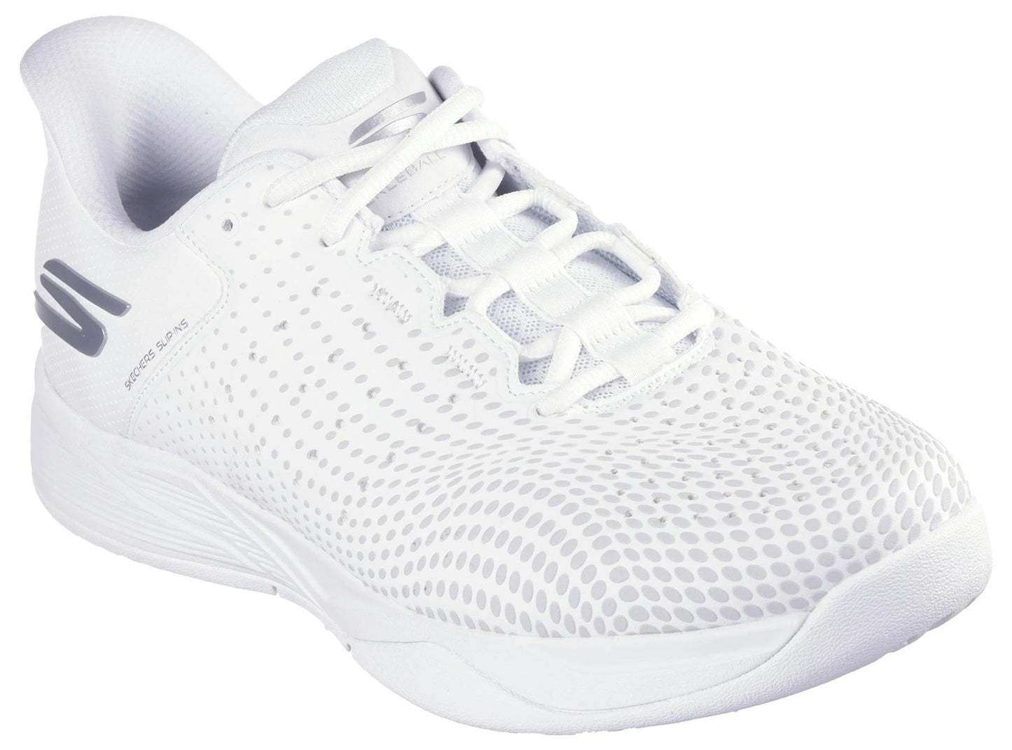 The Skechers Viper Court Reload Slip Ins Relaxed Fit Tennis Shoes in white feature a textured, dotted upper, white laces and sole, Arch Fit support, gray heel accents, and a sleek design for all-day comfort and style.
