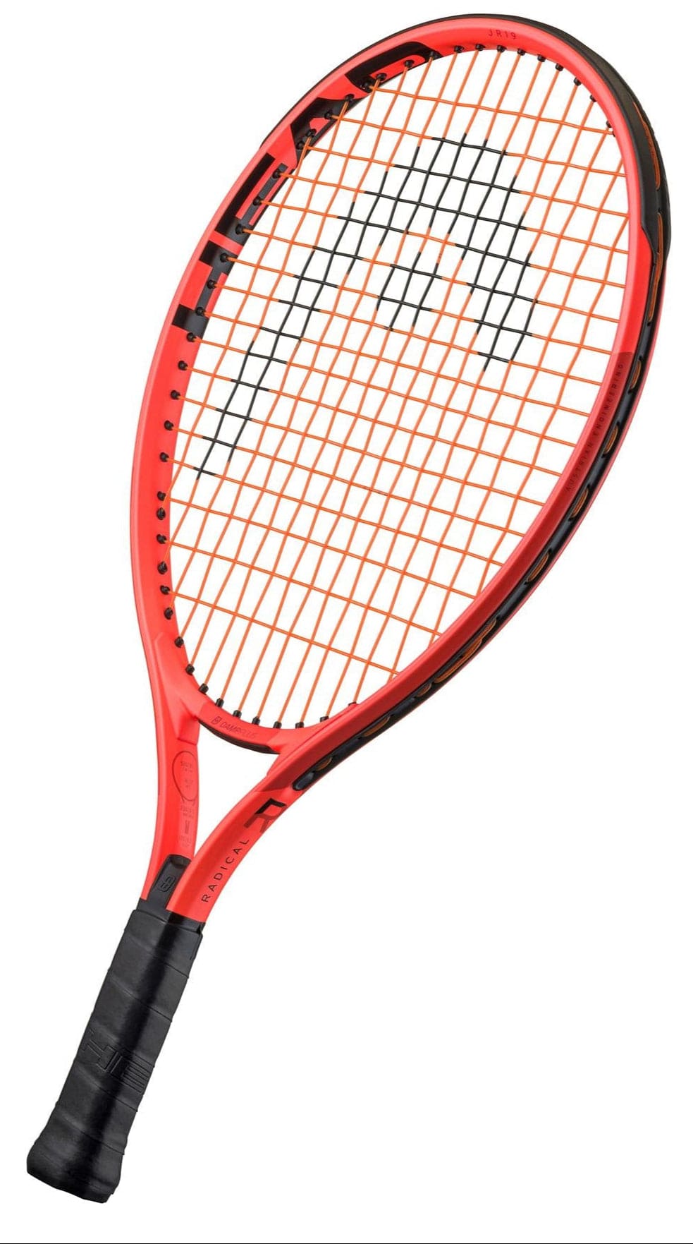 The HEAD Radical Junior 19 2025 Tennis Racket is a sleek design in vibrant orange with black accents, perfect for young players. Its comfortable black grip handle and elegantly branded strings and frame highlight its modern look.