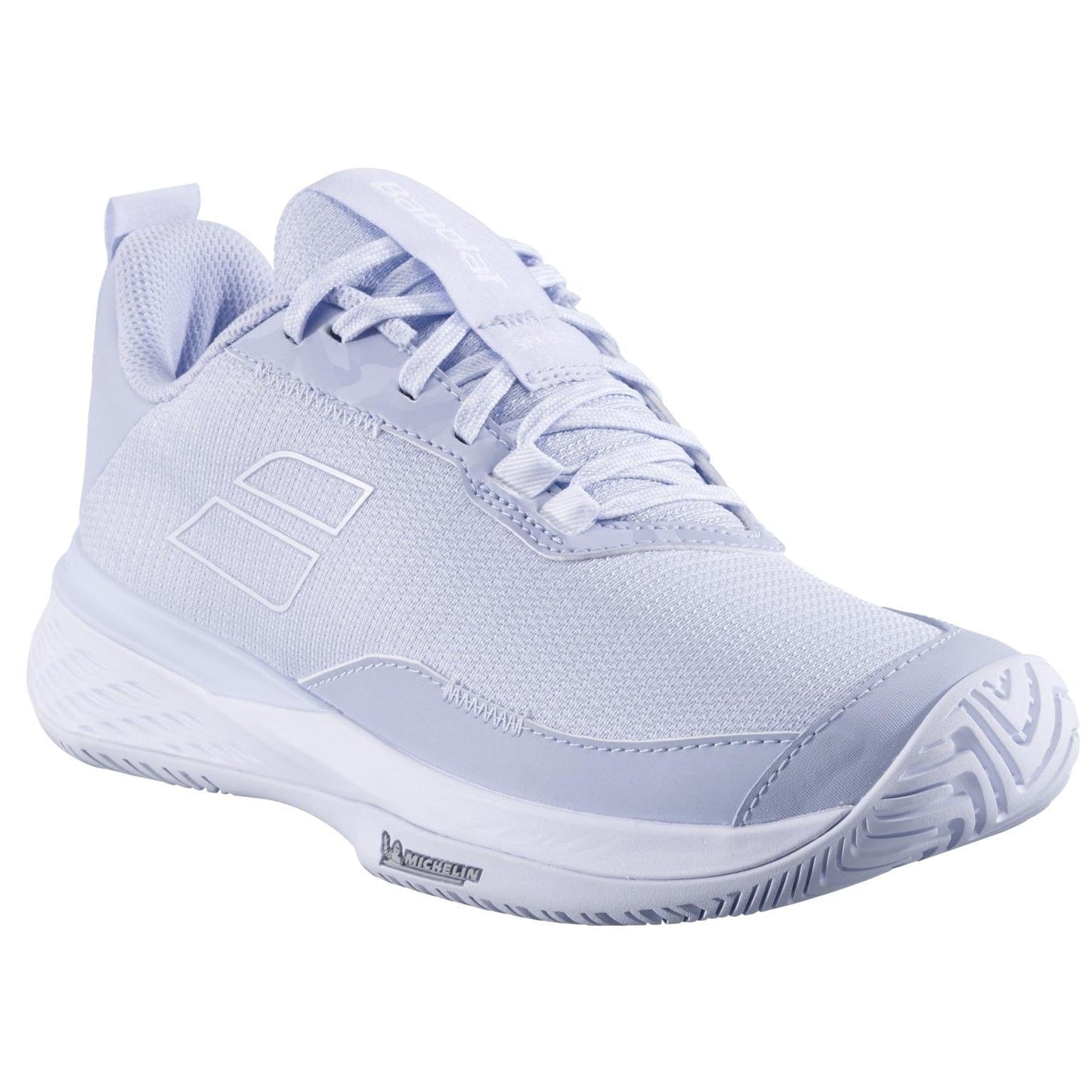 The Babolat SFX EVO All Court 2025 Women's Tennis Shoes in Xenon Blue/White offer a mesh upper, lace-up design, and textured rubber sole for traction. Featuring subtle stitched details with side branding, they prioritize comfort in every step.