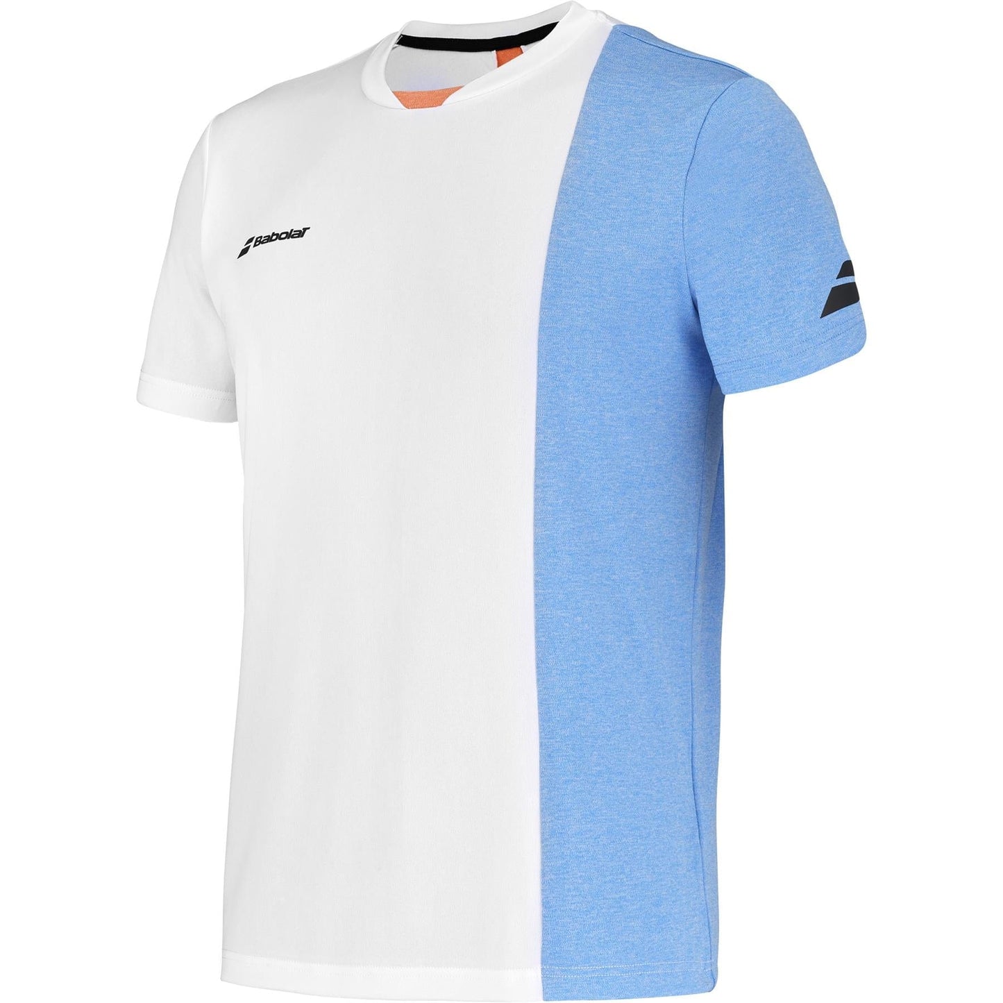 The Babolat Play Crew Men's Tennis T-Shirt features a stylish color-block design with white on the left and blue heather on the right. Made from recycled polyester, it includes a small logo on the upper left chest and another on the left sleeve.