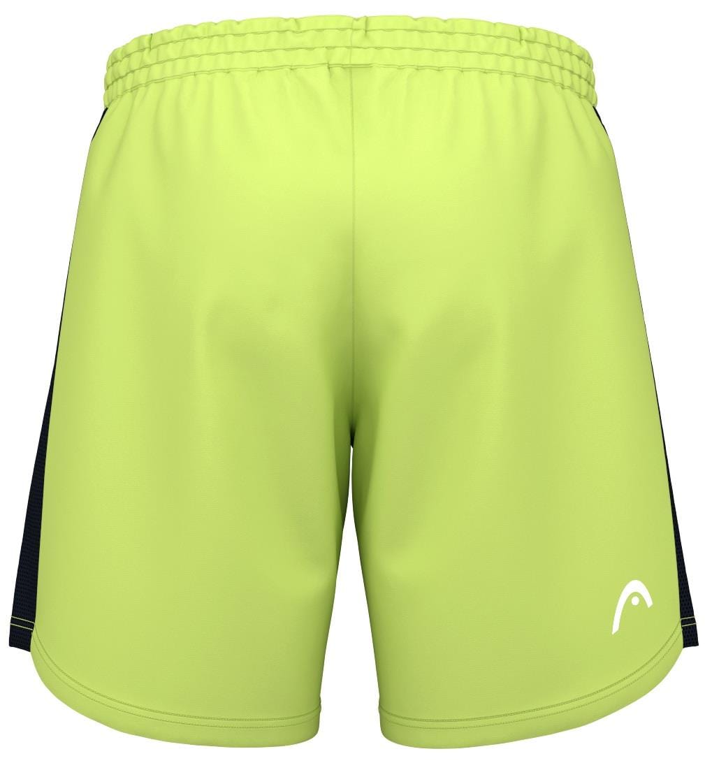 The HEAD Power Men's Tennis Shorts - LL in lime green feature an elastic waistband, 4-way stretch fabric, and a subtle white logo on the lower right. The sides have dark accents made from Moisture Transfer Microfiber, all showcased against a plain white background.