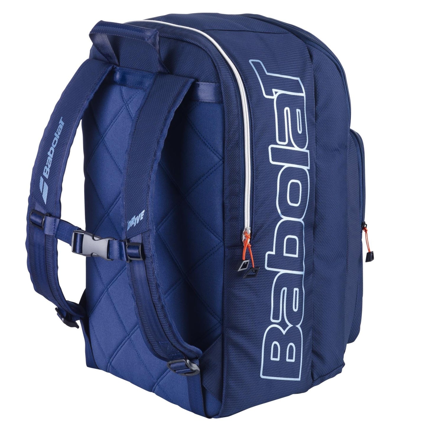 The Babolat Pure Drive Tennis Backpack in blue features a spacious design, padded shoulder straps, and multiple zippered compartments. Made with a recycled polyester exterior, "Babolat" is prominently displayed on the side in white text.