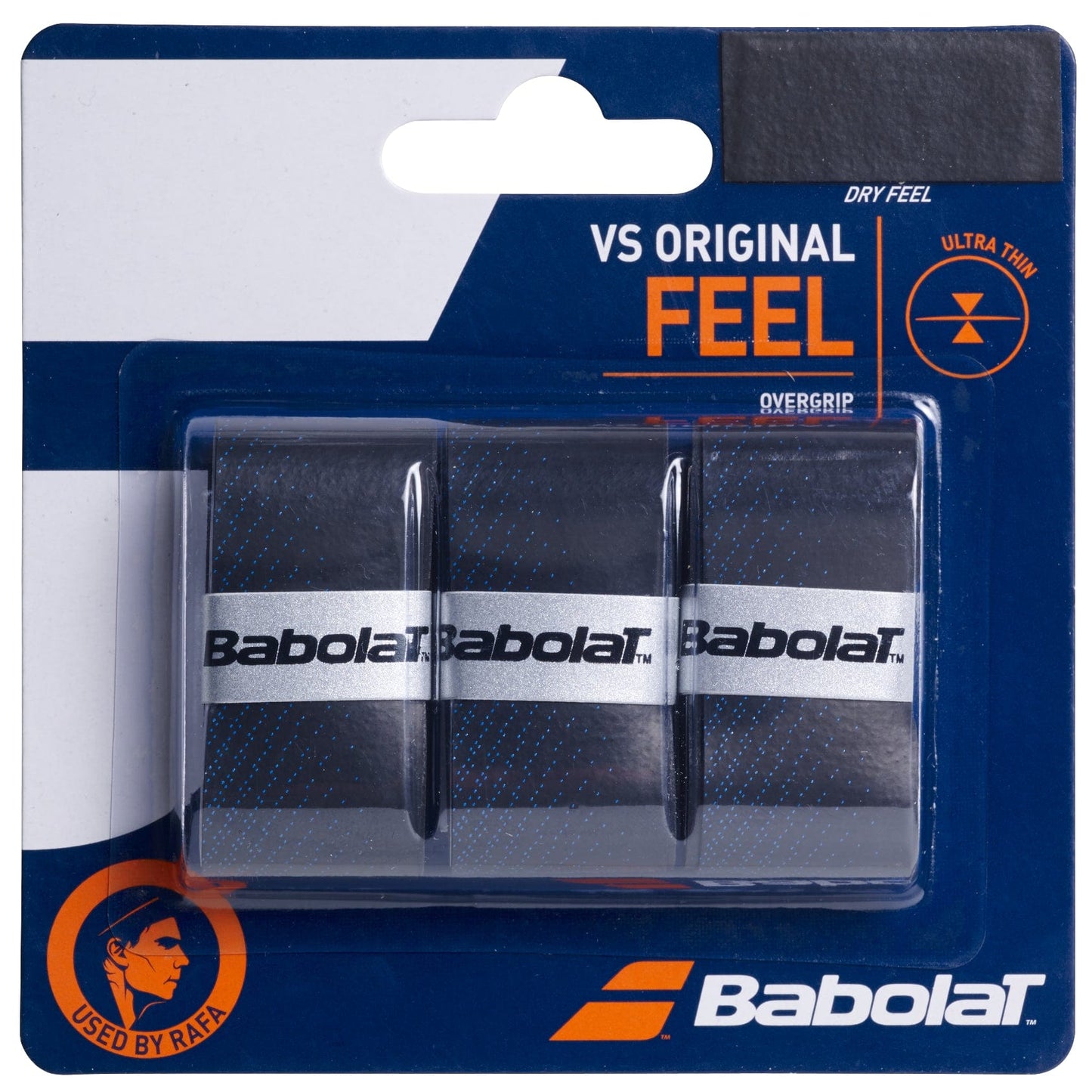 A set of three Babolat VS Original X3 overgrips in black and blue, featuring a blue and orange package with white text and a circular emblem stating "Used by Rafa." The overgrips can be seen through the transparent section of the packaging.