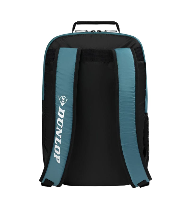 The Dunlop SX Club Tennis Backpack in teal, black, and yellow features padded, adjustable shoulder straps, a top handle, a side pocket, and the word "Dunlop" in white on one strap. Its rectangular shape and minimalist design offer on-the-go convenience.