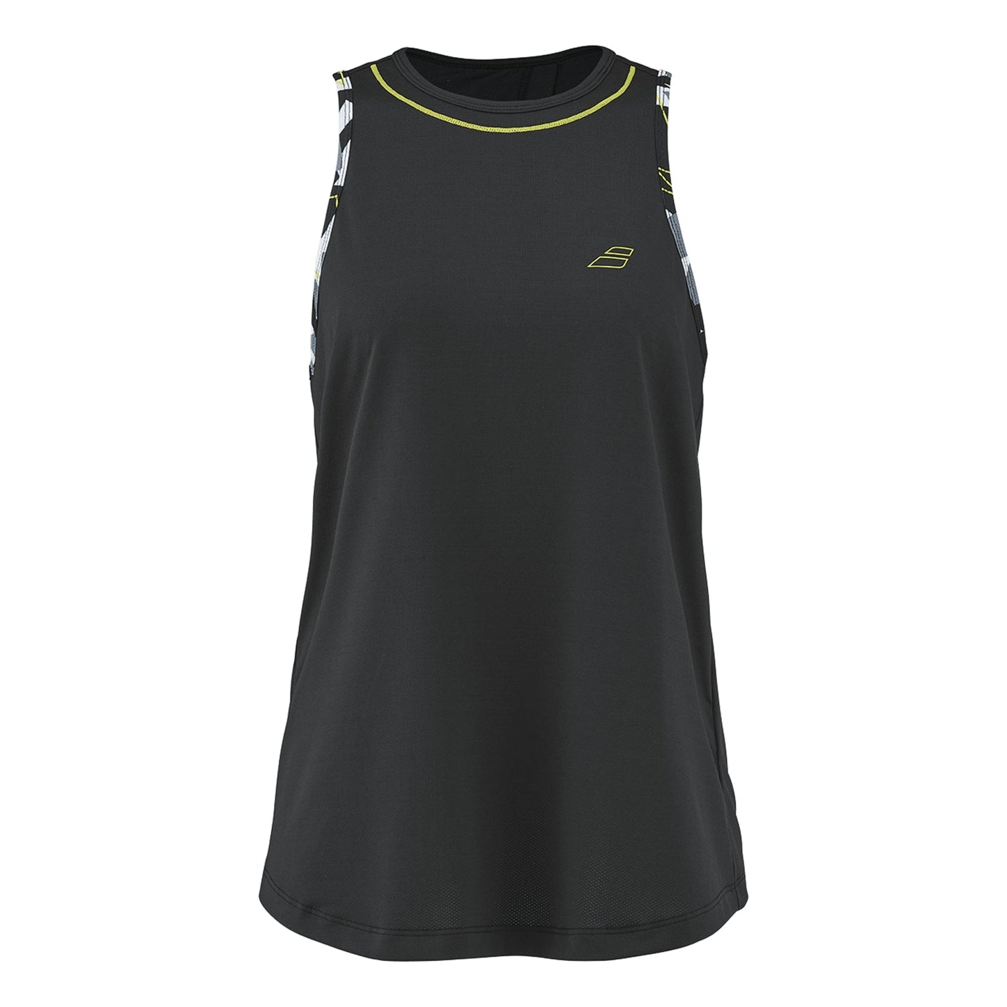 The Babolat Aero Women's Tennis Tank Top in black is a stylish sleeveless sports tank featuring a high neckline, designed from breathable synthetic materials. It includes subtle yellow stitching, a small yellow brand logo on the chest, and contrasting black and white patterned bands along the sides.
