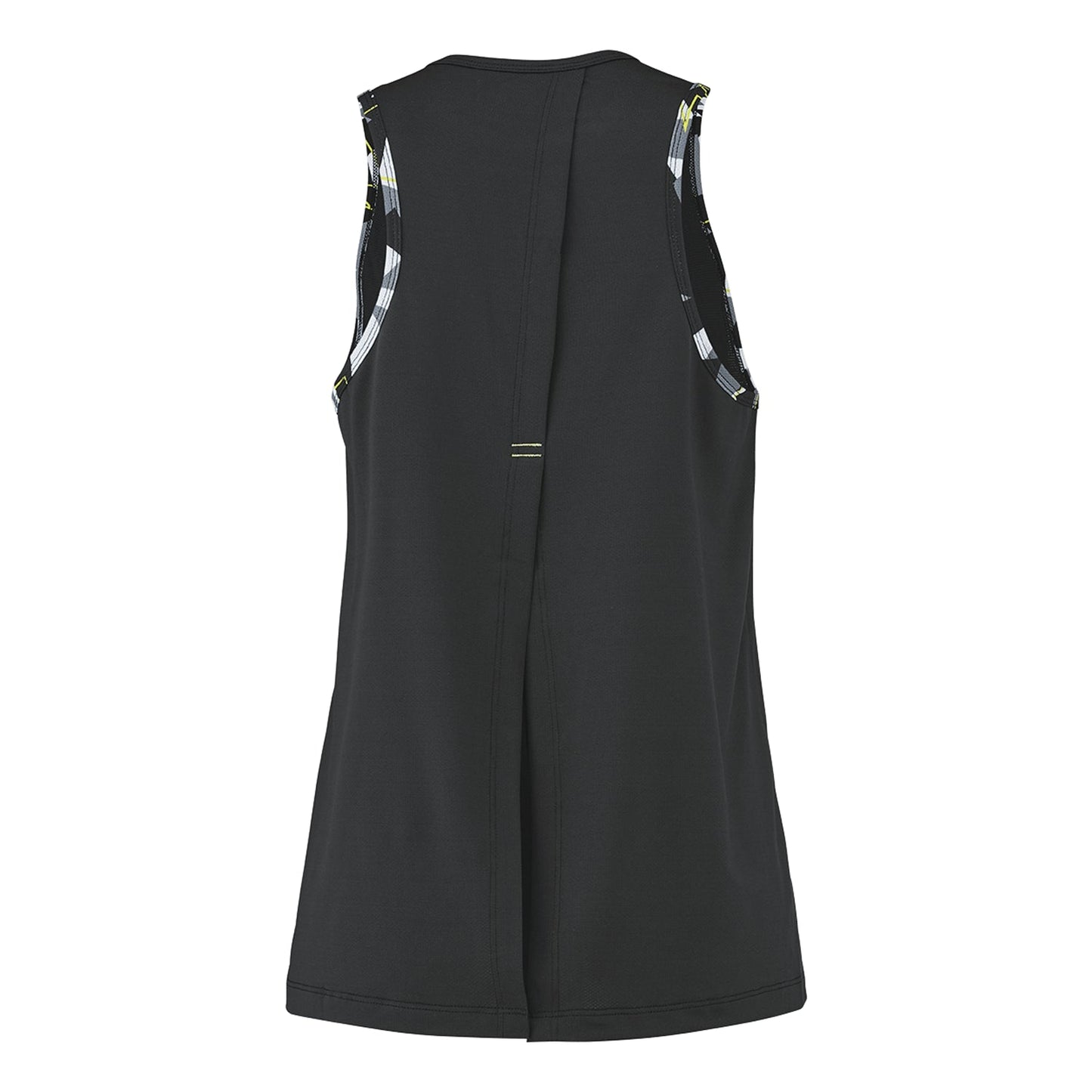 Back view of the Babolat Aero Women's Tennis Tank Top in black, featuring plaid trim on the shoulders. Made from breathable synthetic materials, it includes a central seam and a slightly flared bottom. This Fiber Dry polyester design provides a casual, relaxed style ideal for everyday wear.