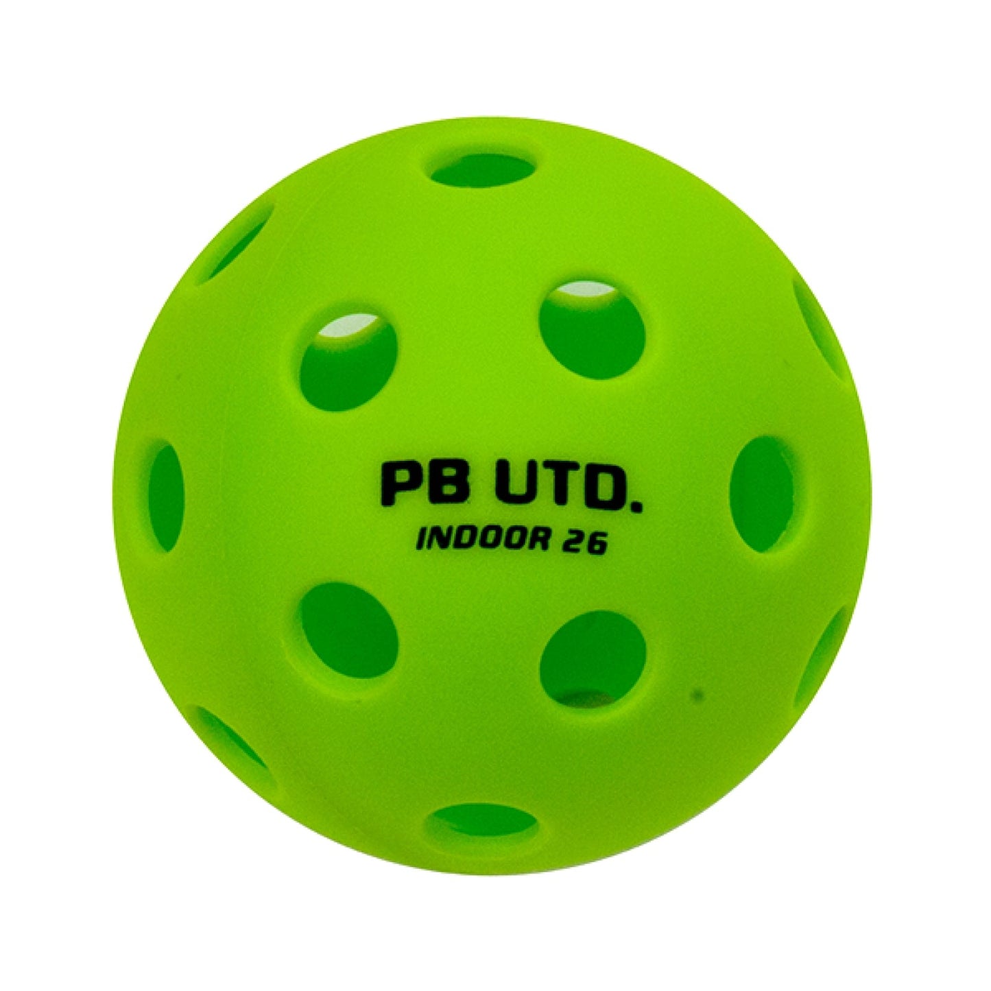 The Pickleball United Education 6 Player Indoor Pickleball Set features bright green perforated balls marked "PB UTD. INDOOR 26," perfect for indoor play and compatible with your favorite Pickleball United paddles.