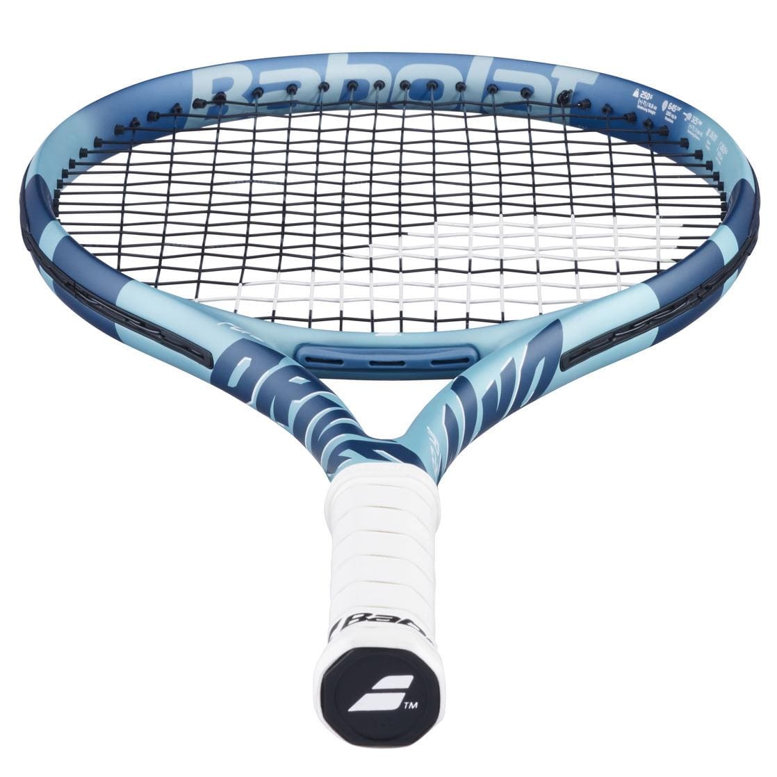 A close-up image showcases the Babolat Pure Drive Junior 26 Gen 11 Tennis Racket in light blue, ideal for young players. The racket features a string pattern with the Babolat name on the frame and a logo on the white grip's handle cap.