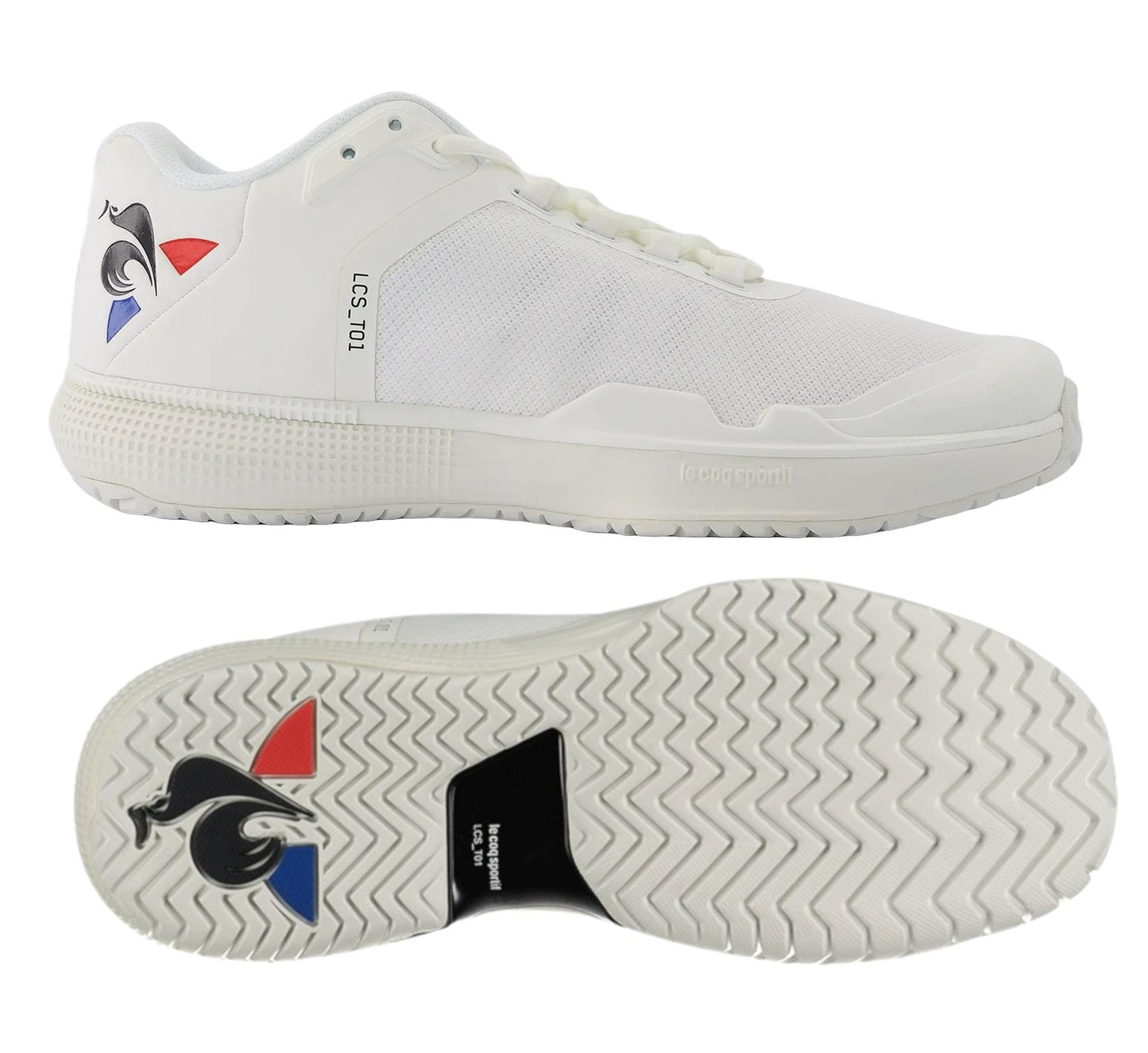 The Le Coq Sportif Futur LCS T01 All Court Tennis Shoes in white boast a herringbone sole pattern and a comfort EVA sole. The breathable mesh upper is adorned with a black and gray logo, accented by red and blue, while the text "LCS-101" is prominently displayed on the shoe's side.