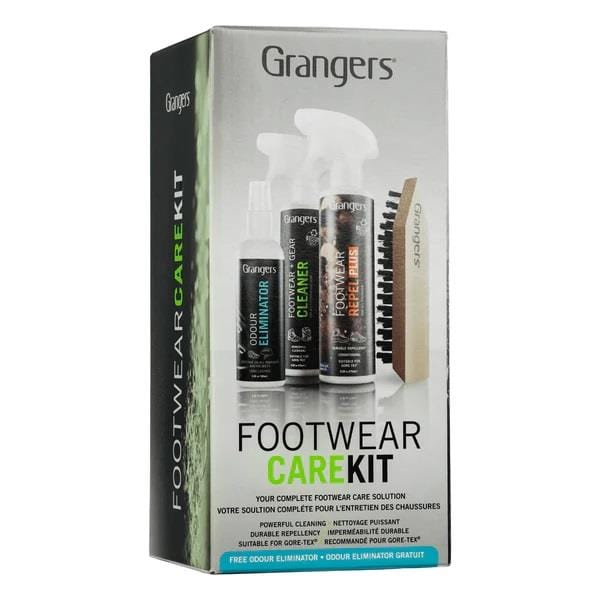 The Grangers Footwear Care Kit, featuring a chic green and white design, contains must-haves such as the Footwear Cleaner, Odour Eliminator, Proofer, and a convenient brush. The packaging clearly highlights "Footwear Care Kit" to help keep your shoes fresh and protected.