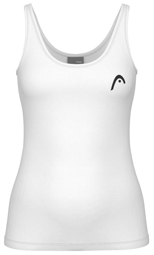 The HEAD Spirit II Women's Tennis Tank Top in white is sleeveless with a small black logo on the left chest. It features cooling technology and Moisture Transfer Microfiber to ensure comfort.