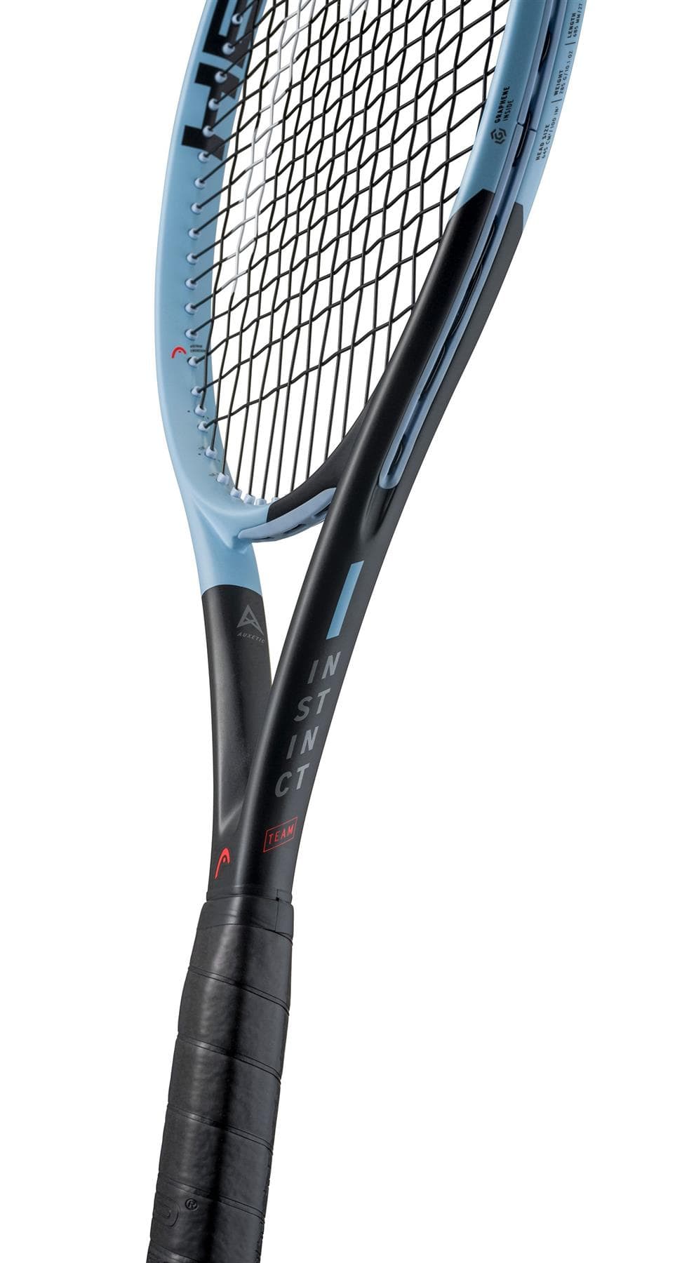 Close-up of the HEAD Instinct Team 2025 Tennis Racket in blue and black, showcasing Auxetic technology. The strings and a black grip handle are visible with "Instinct" and "Head" on the frame against a white background, offering effortless high performance.