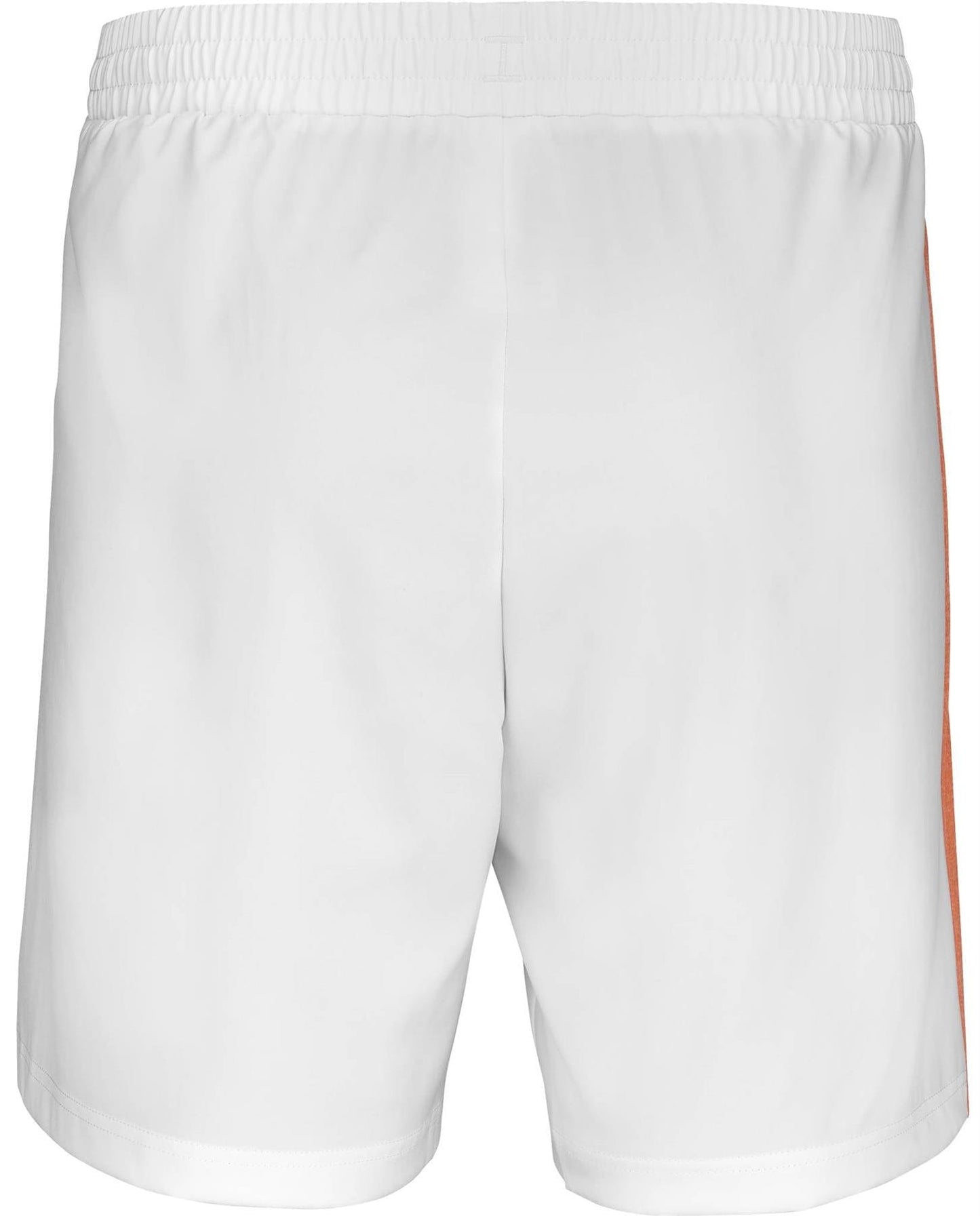 Back view of Babolat Play Men's Tennis Shorts in white, featuring an elastic waistband and a vertical orange stripe on the right, made from recycled polyester.