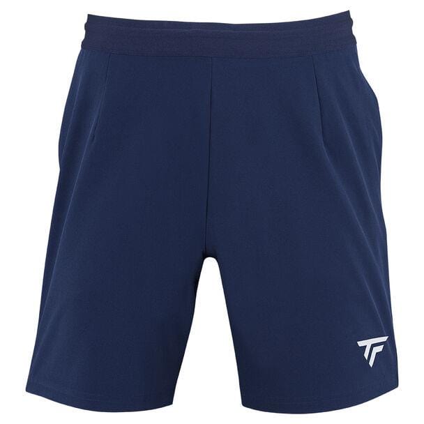 The Tecnifibre Men's Team Tennis Shorts in Marine are made from a polyester blend and feature an elastic waistband for enhanced comfort and ventilation, along with a small logo on the lower left leg.