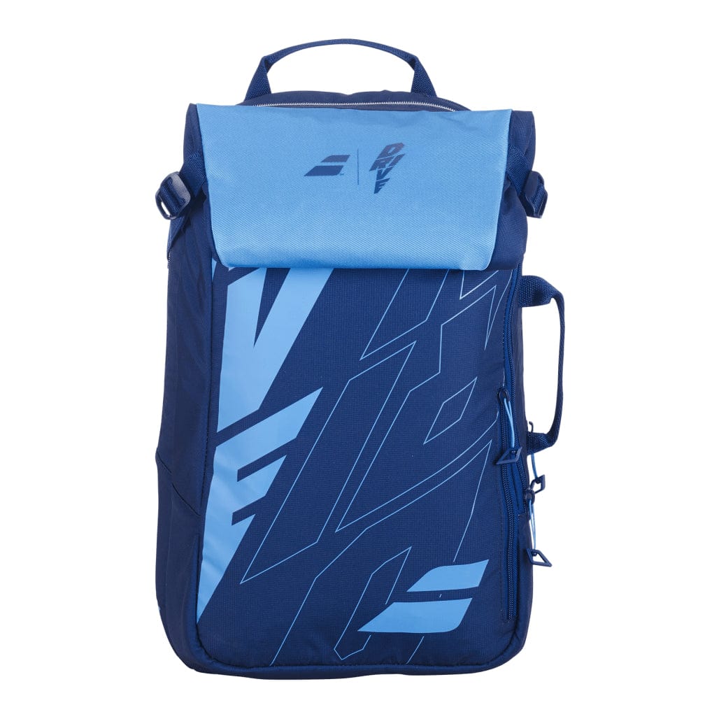 The Babolat Pure Drive Tennis Backpack - Blue by Babolat is a chic blue backpack, accented with a light blue top flap and striking geometric patterns. It features a top handle and is perfect for carrying tennis gear. Its design includes an isothermal insulated compartment, side handle, and front zipper pocket for a contemporary appearance.