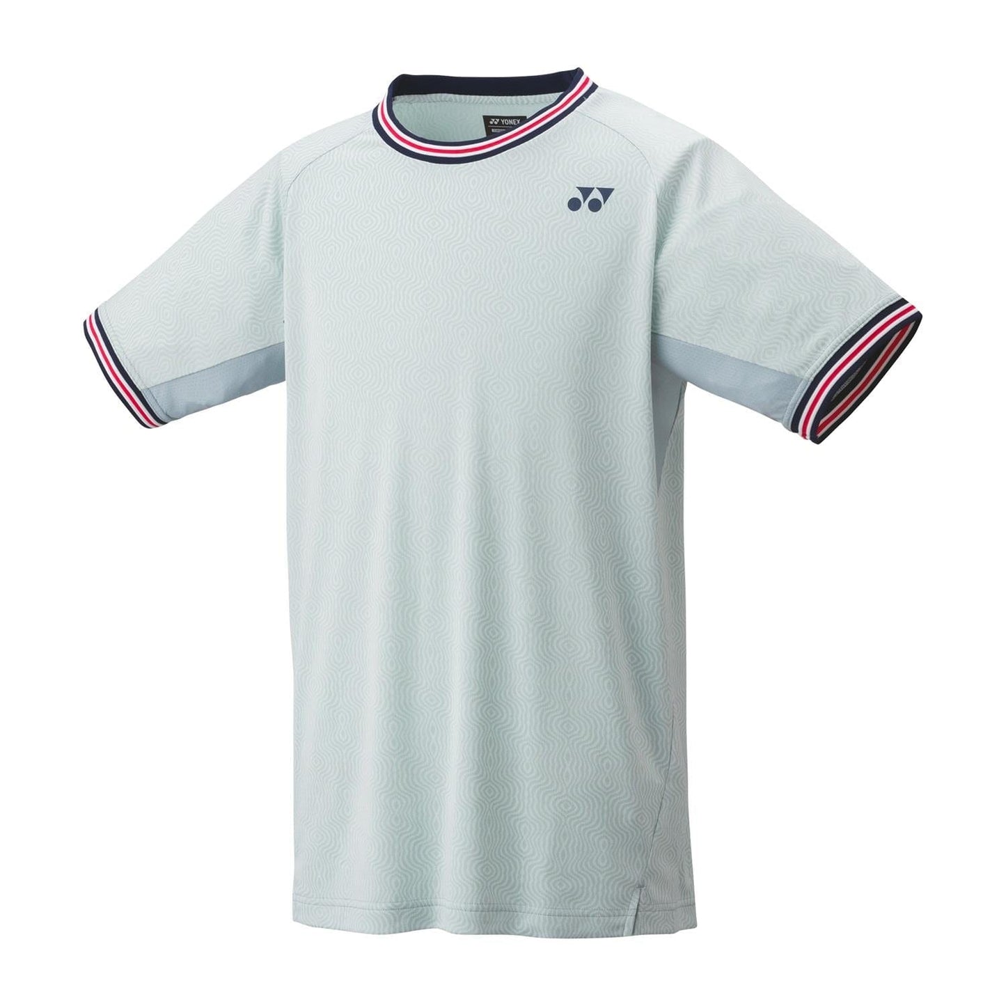 The Yonex 10578 Crew Neck Men's Tennis T-Shirt in Crystal Blue features a short-sleeved design and incorporates VeryCool technology for enhanced comfort. This shirt is adorned with a small logo on the chest and detailed striped accents in red, white, and blue around the collar and sleeve cuffs, complemented by subtle horizontal patterns throughout the fabric.