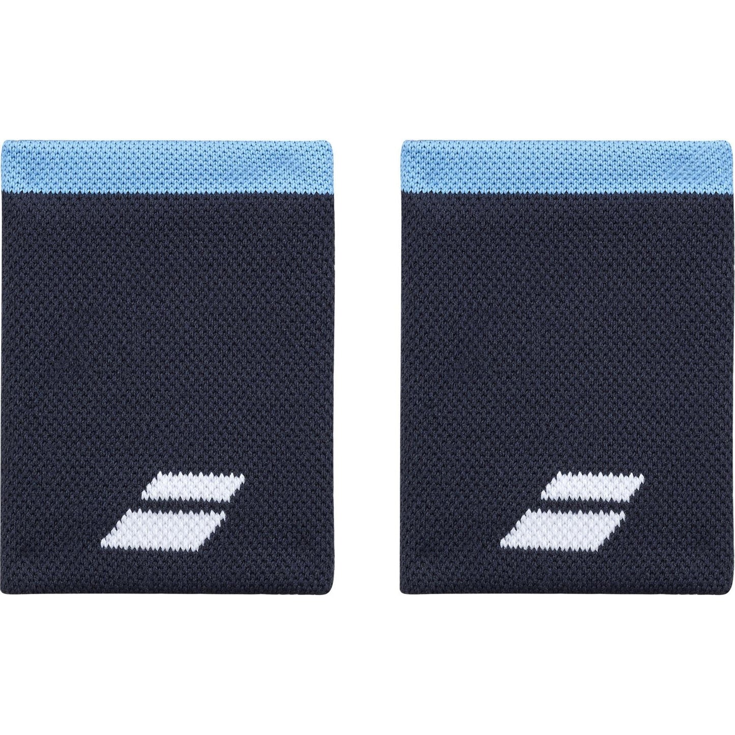 Two absorbent black Babolat Jumbo Logo Wristbands with light blue elastic bands efficiently manage perspiration. Each has a white logo of two parallel slanted rectangles on the lower right corner.