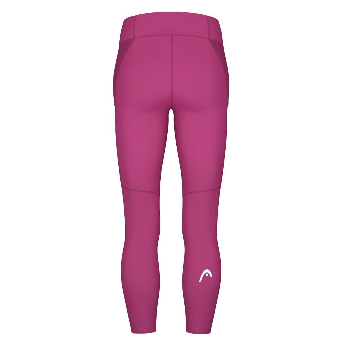Back view of vivid pink sporty-style leggings, featuring a small logo on the lower right leg. Made from a flexible blend of polyester and elastane, these resemble HEAD Vision Women's Tech Tennis Tights Leggings for utmost comfort and flexibility.