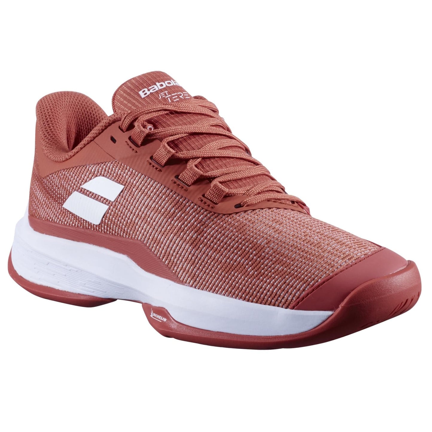 The Babolat Jet Tere 2 Women's Tennis Shoes in Terra Cotta feature an ultra-lightweight design, breathable mesh upper, lace-up closure, and white sole. The Babolat logo on the side ensures comfort and stability on the court.